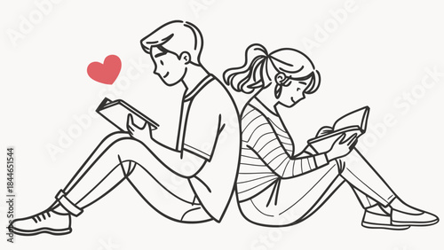 Couple Reading Back to Back – Book Lovers Romantic Line Art Illustration