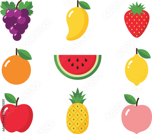 Colorful fruit vector icon set with apple banana mango strawberry watermelon and tropical fruits illustration