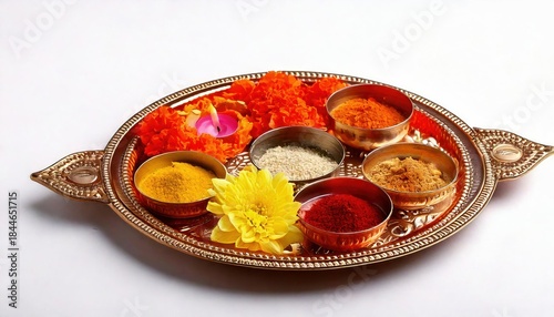 Traditional Indian Pooja Thali – Diya, Flowers, and Kumkum for Religious Rituals