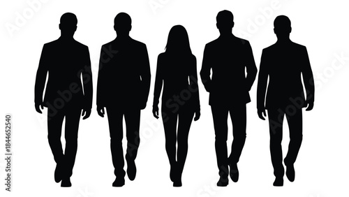 A group of five people walking forward depicted as a striking black silhouette