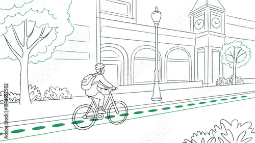 Cyclist riding on a city street with a clock tower