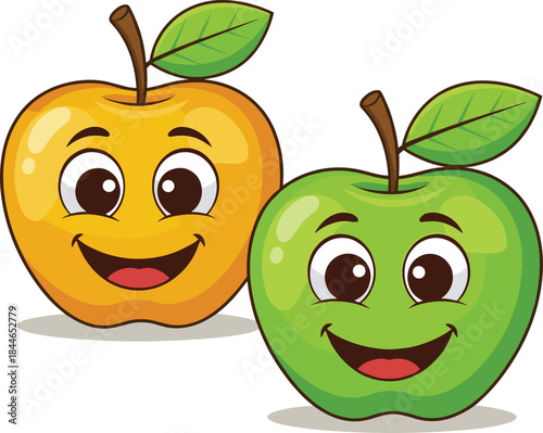Cute yellow and green apple cartoon characters vector illustration, smiling fruit mascots for kids and food design