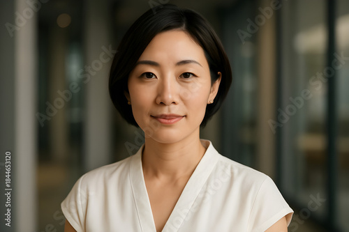 Free Download Confident headshot portrait of a professional Asian woman in a modern corporate office, looking directly at the camera. - GFXLoad