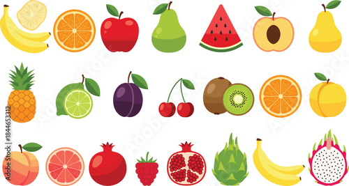 Colorful fruit vector icon set with apple banana citrus berries and tropical fruits, flat food illustration collection