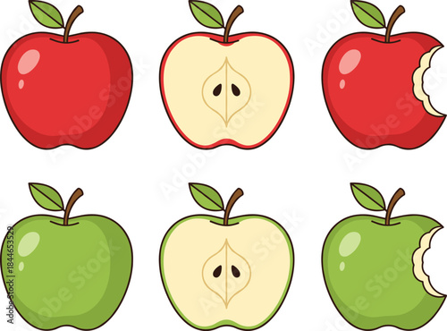 Apple fruit vector set with red and green whole halved and bitten apples, fresh food icons collection