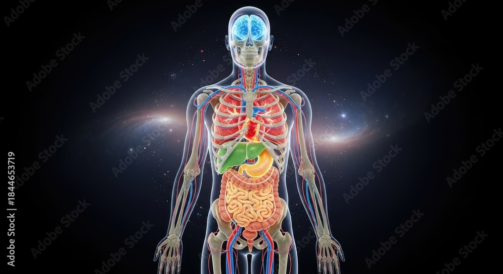 Fototapeta premium Human Body Internal Organs Anatomy Including Digestive System Lungs Liver Brain Heart Arteries Veins Intestines and Skeleton Over Deep Space Background Illustration