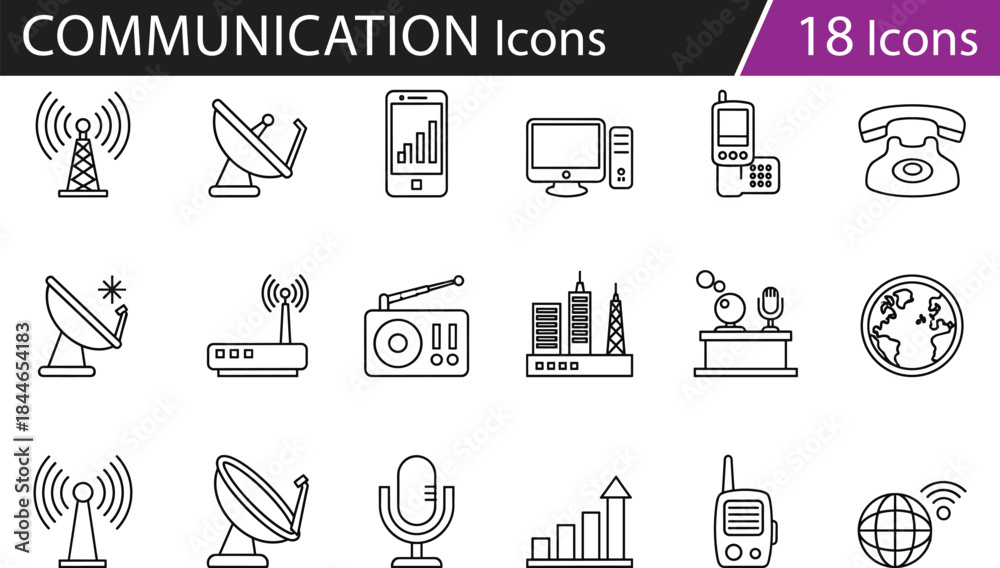 Fototapeta premium Communication technology icon set, wireless signal symbols, broadcasting tools, satellite, phone, radio, globe, internet, data vector design