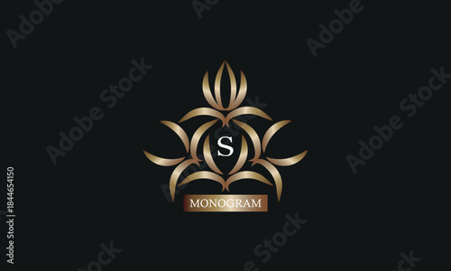 Elegant monogram design template with letter S in the center and place for text. Company brand design, emblem, invitation, label, business sign.