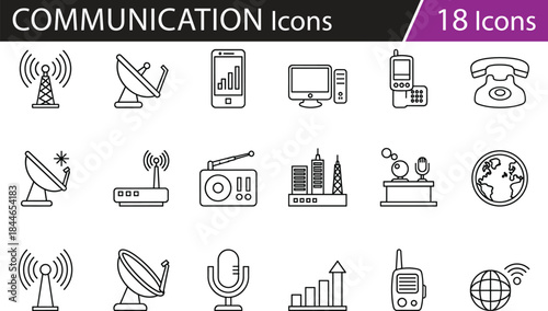 Communication technology icon set, wireless signal symbols, broadcasting tools, satellite, phone, radio, globe, internet, data vector design