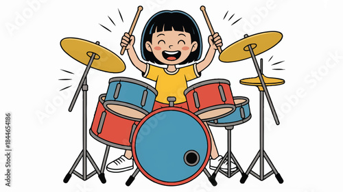 Happy girl playing drum set