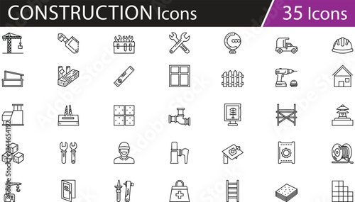 Construction icon set with tools, building materials, architecture elements, engineering equipment, and worker safety in black and white vector style