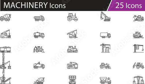 Construction vehicle icon set, industrial machinery symbols, heavy equipment, truck, crane, excavator, cement mixer, bulldozer, vector design