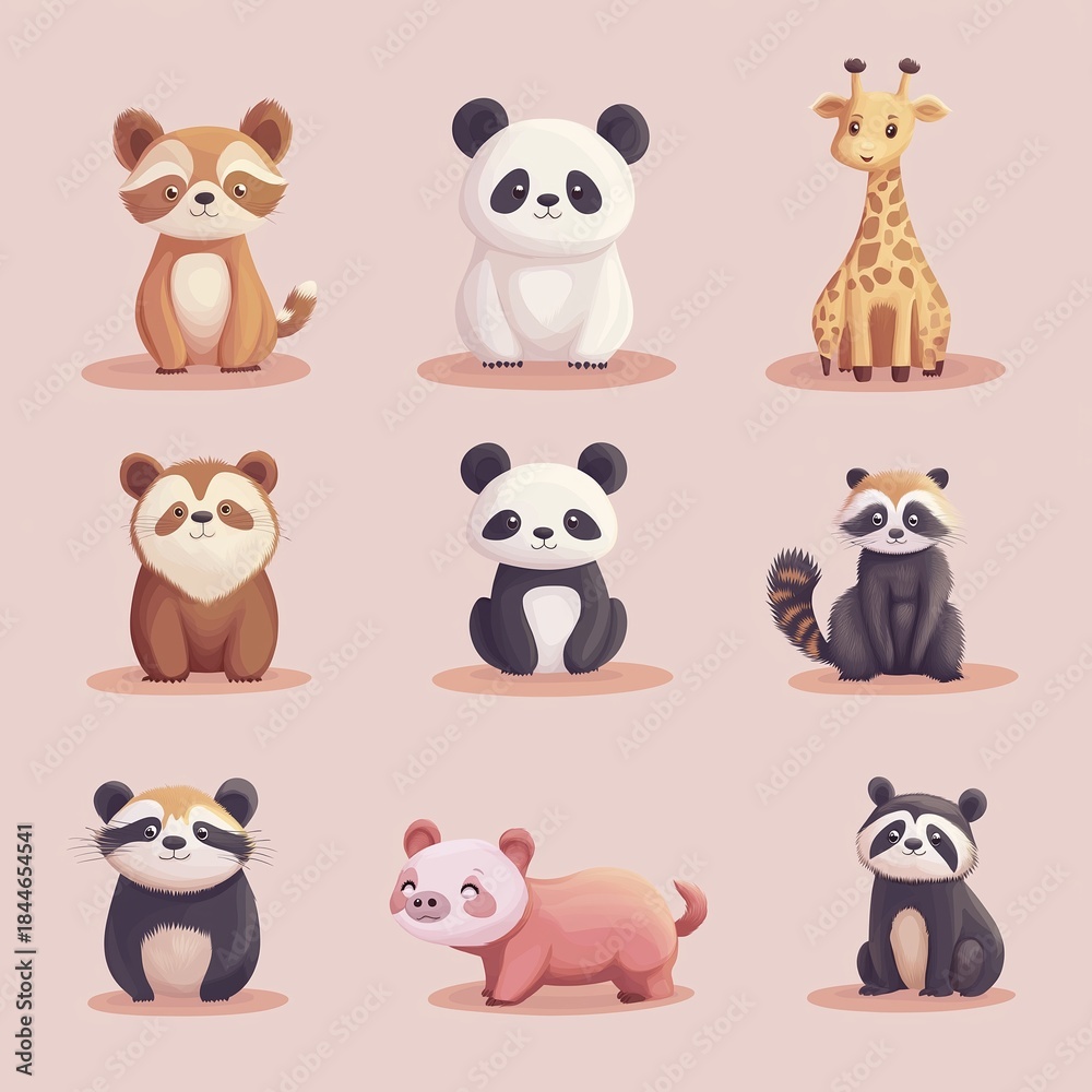 Naklejka premium Cute cartoon animal collection with panda, raccoon, giraffe, and kitten