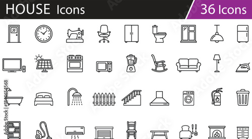 Household furniture icon set, home appliance symbols, interior items, utility tools, kitchen, bathroom, bedroom, living room vector design