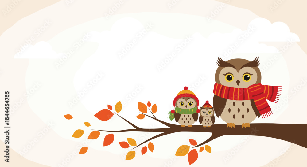 Fototapeta premium Three adorable owls sit together on a sturdy branch wearing colorful autumn scarves under a pale sky in a warm woodland illustration.