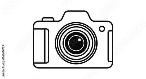 Black line drawing of a simple compact camera icon with a large round lens and clean minimalist outline suitable for use as a versatile stock illustration.