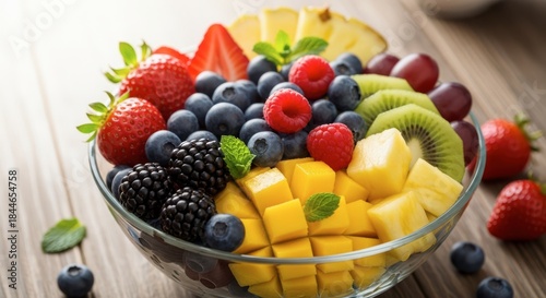 A vibrant fruit salad in a glass bowl on a wooden table with various fruits