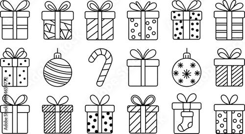 Christmas Holiday Gift Boxes and Ornaments Line Icons Set Collection, Featuring Presents, Baubles, Candy Cane, and Festive Wrapping Paper Patterns, Outline Vector Illustration.