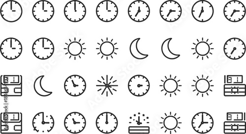 Clock and time icon set with sun and moon symbols, day night schedule vector, alarm and timer illustrations for UI and planning