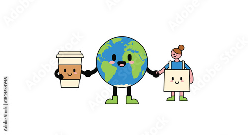 Earth with a cheerful face holds hands with a coffee cup on the left and a tote bag on the right while a smiling shopper stands beside them in an eco scene.