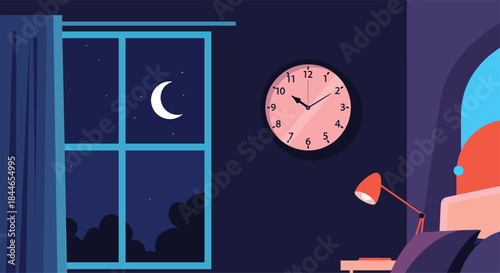 Cozy bedroom night scene featuring a moonlit window a pink clock on the wall and a warm desk lamp by the bed with soft shadows and a calm quiet atmosphere.