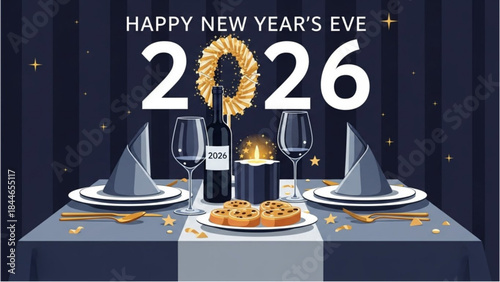 An Elegant Happy New Year 2026 Greeting with a Dinner Set for the New Year.