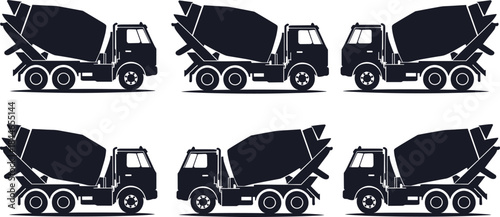 Concrete Mixer Truck Heavy Construction Machinery Silhouettes Set, Featuring Cement Trucks Used in Building, Engineering, and Industrial Transportation, Vector Illustration Collection.