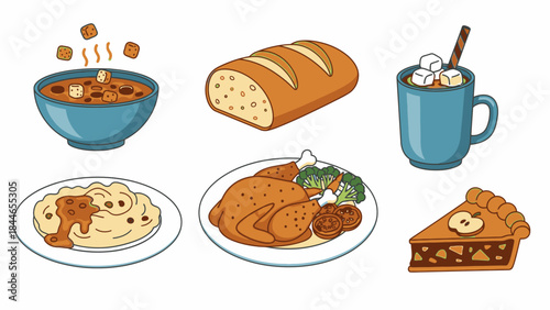 A warm and inviting flat lay of various winter comfort foods including soup, bread, hot chocolate, pancakes, roasted chicken, and pie on a clean white background, evoking a cozy musim