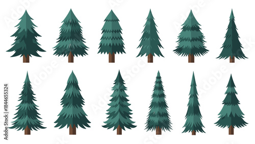 A digital illustration of ten green pine trees with brown trunks in two rows on a white background, depicting a musim dingin scene.