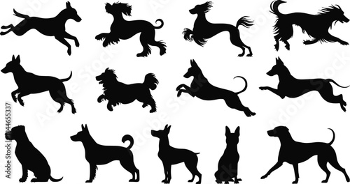 Dog silhouette bundle, various breed poses in running, sitting and playful stances, active canine vector illustration set for design and pet graphics