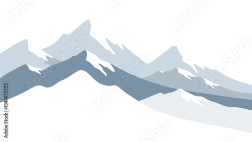 Illustration of snow-capped mountains in shades of blue and white during musim dingin with a minimalist, graphic design style against a clean white background.