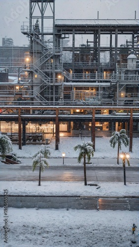 The old industrial factory is still operating even when covered in thick snow.