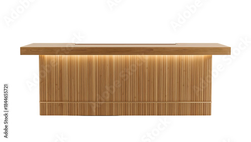 Modern wooden reception desk with vertical slats and ambient led lighting on transparent background