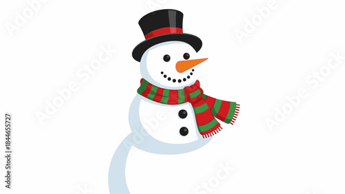 A cheerful cartoon snowman wearing a black top hat and red-green scarf against a clean white background, conveying a joyful and festive winter mood.