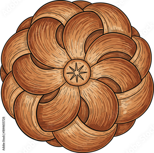 Top view illustration of braided round bread or pastry with detailed woodcut-style texture and symmetry