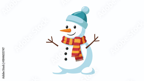 A cheerful snowman wearing a colorful striped scarf and a blue hat with a pom-pom stands against a clean white background, conveying a joyful winter or musim dingin mood with a playful and