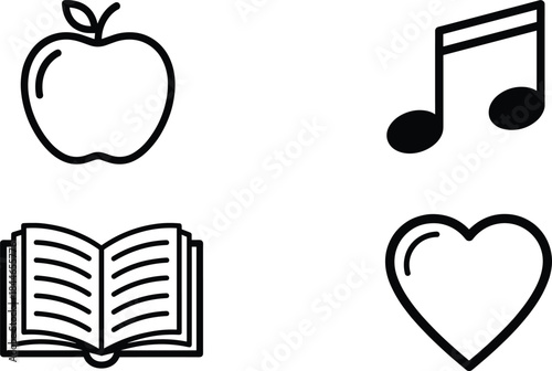 Minimal black line icon set featuring apple, music note, open book, and heart symbols