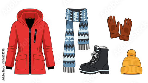 Flat lay of winter clothing items including a red coat, patterned scarf, black boots, gloves, and yellow hat on a white background, evoking a musim dingin theme with warm tones.