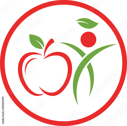 Healthy lifestyle logo featuring apple and human figure inside circle, symbolizing nutrition, fitness, and balanced wellbeing