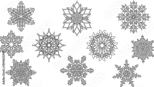 A flat lay of intricately designed snowflakes arranged on a white background, showcasing various patterns and shapes in a delicate, monochromatic illustration style, evoking a sense of