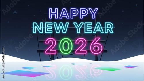 Happy New Year 2026 neon sign glowing in a snowy winter landscape for the New Year.