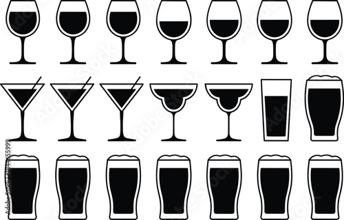 Drink glass silhouettes icon set, wine cocktail and beer glasses collection, bar and restaurant beverage glassware symbols in black and whiteDrink glass silhouettes icon set, wine cocktail and beer gl