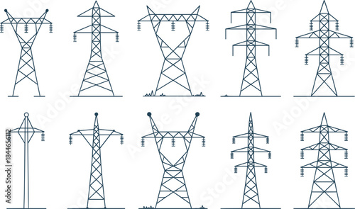 Electric power transmission tower collection with multiple pylon designs, high voltage electricity infrastructure vector illustration set for energy, engineering and industrial projects