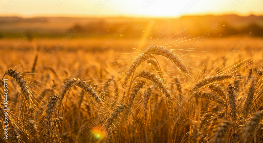 Naklejka premium Ripe wheat spikes glowing in the evening sun. Agricultural background of golden grain field ready for harvest during sunset.