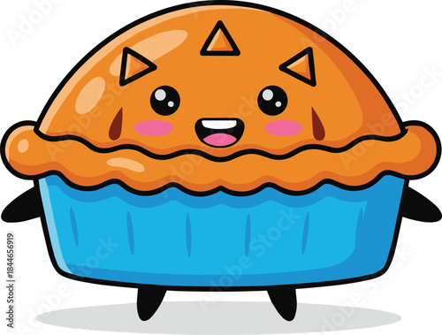 Cute kawaii pumpkin pie cartoon character with smiling face, blue crust dish, adorable autumn dessert illustration