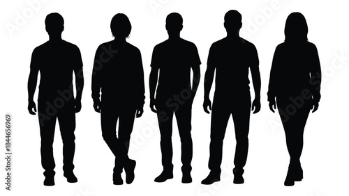 a line of five people standing in a row depicted as a dark silhouette