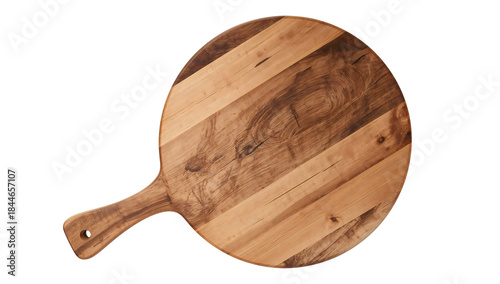 Round wooden pizza peel with handle isolated on transparent background, rustic bakery kitchen board, natural texture, empty food serving surface