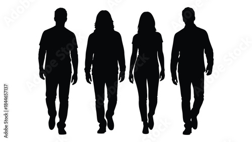 Four people walking forward in a line depicted as a dark striking silhouette