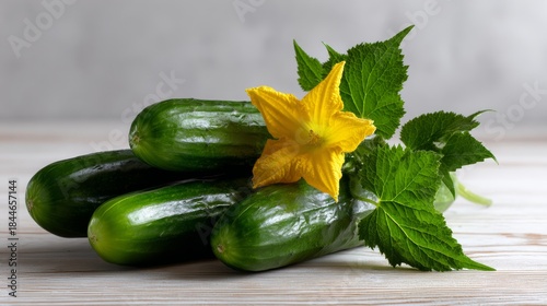 A bunch of cucumbers with a yellow flower on top. The cucumbers are arranged in a pyramid shape, with the largest cucumber at the bottom and the smallest cucumber at the top