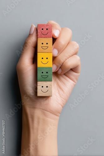 Hand Holding Stacked Smiling Cubes: A close-up shot features a hand delicately holding a stack of colorful cubes, each adorned with a simple, smiley face.